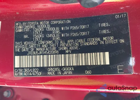 2017 Toyota 4Runner Sr5 Premium z USA, uszkodzony, nr VIN JTEBU5JR1H5420898